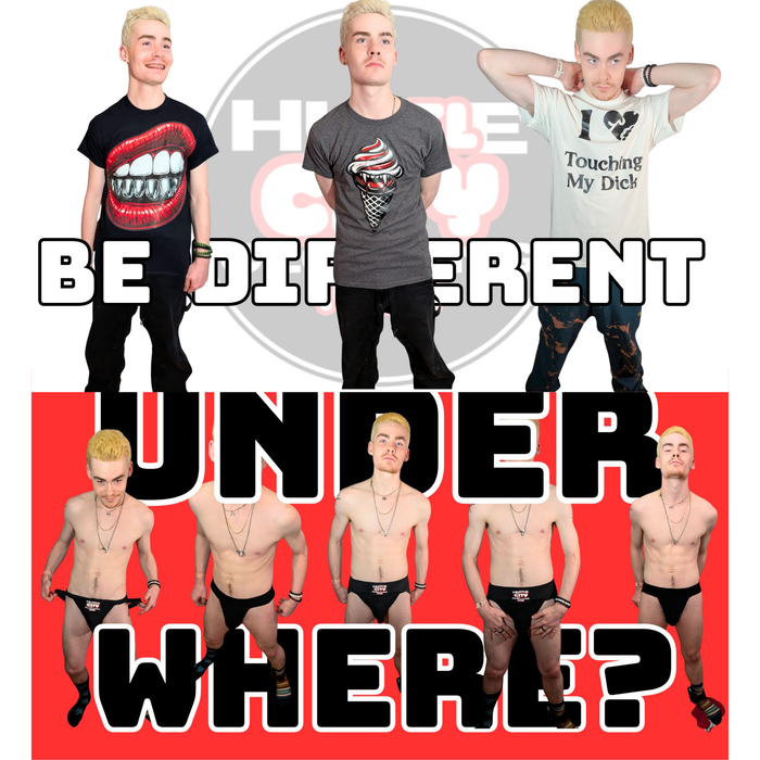 Promotional graphics featuring Hustle City Clothing apparel, underwear, and brand messaging.