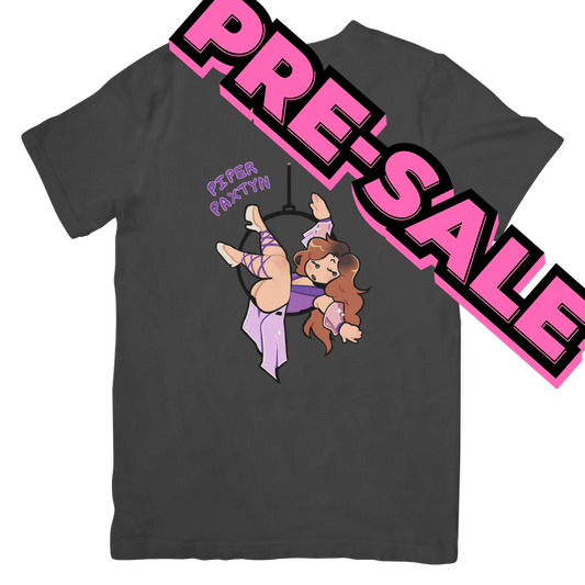 Black t-shirt with cartoon character and 'Pre-Sale' text on a white background