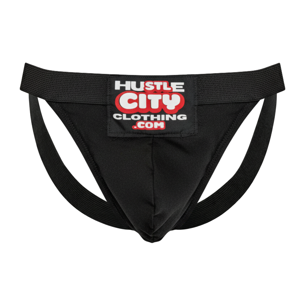 Black men's underwear with 'Hustle City Clothing' waistband on a white background