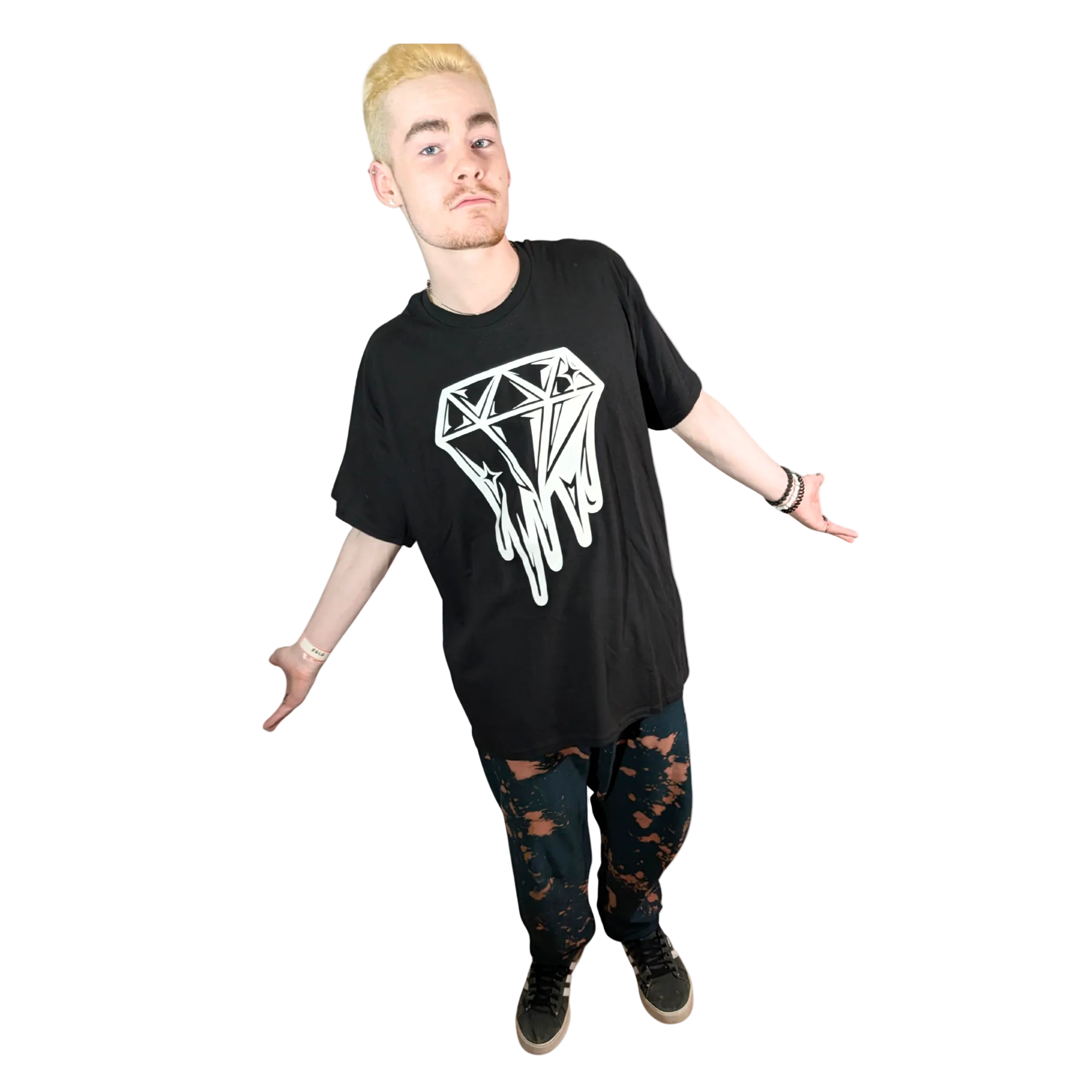 Person wearing a black t-shirt with a white graphic design on a white background