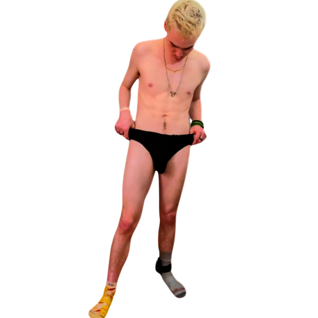 Man wearing a black thong on a white background