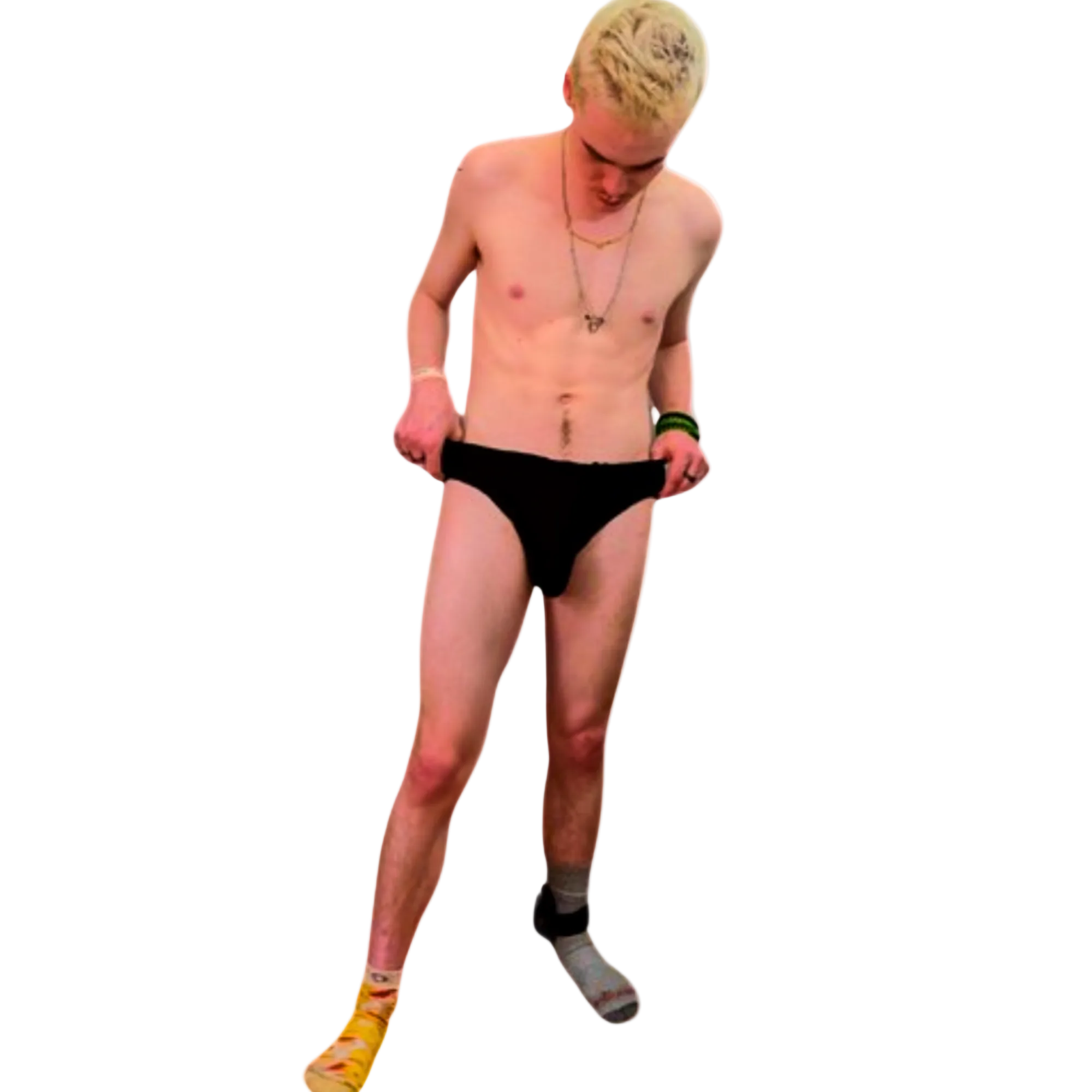 Man wearing a black thong on a white background