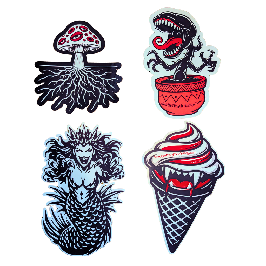 Four stylized stickers featuring a mushroom, a creature with a bowl, a mermaid, and an ice cream cone with a face on a white background.