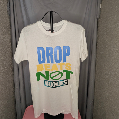 Drop Beats Not Bombs graphic T-shirt sample sale photo.