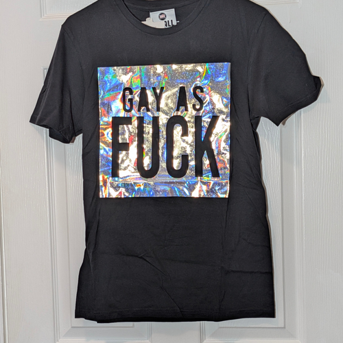Gay As Fuck graphic T-shirt sample sale alternate view.