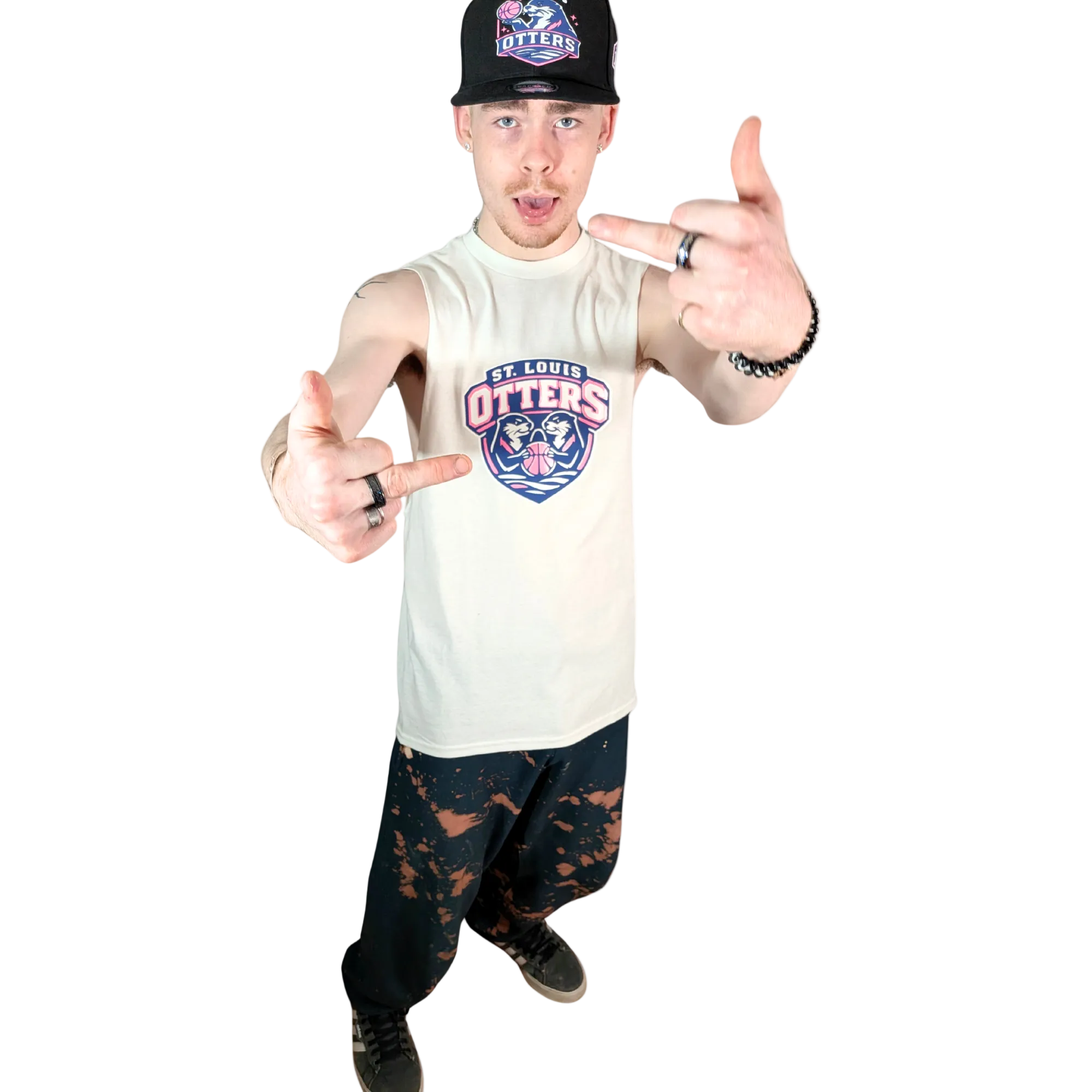 Person wearing a 'St. Louis Otters' tank top and cap, making hand gestures on a white background