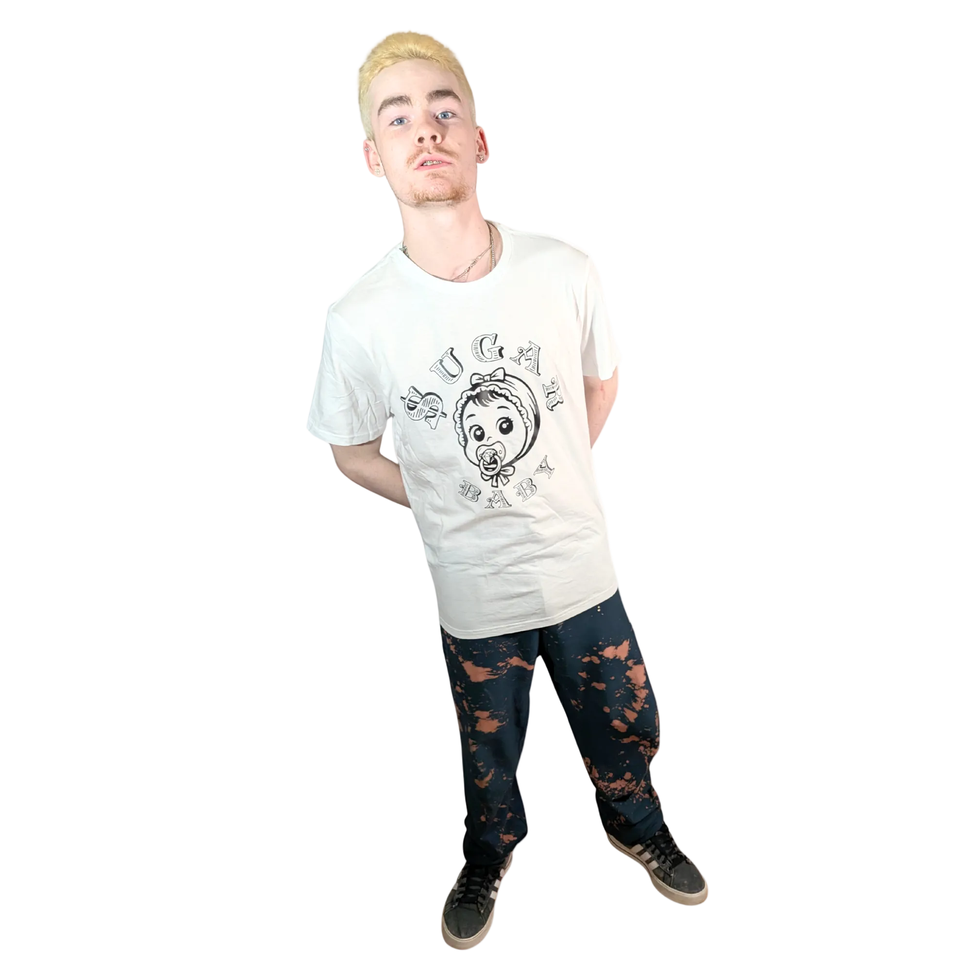 Person wearing a white t-shirt with a graphic design on a white background