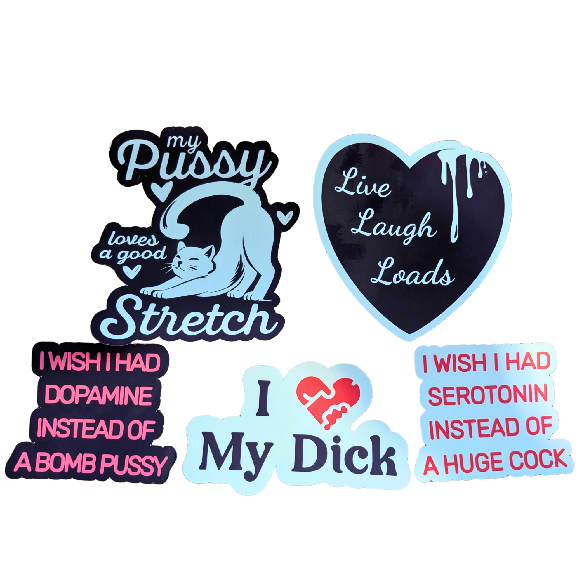 Collection of graphic stickers with various phrases on a white background