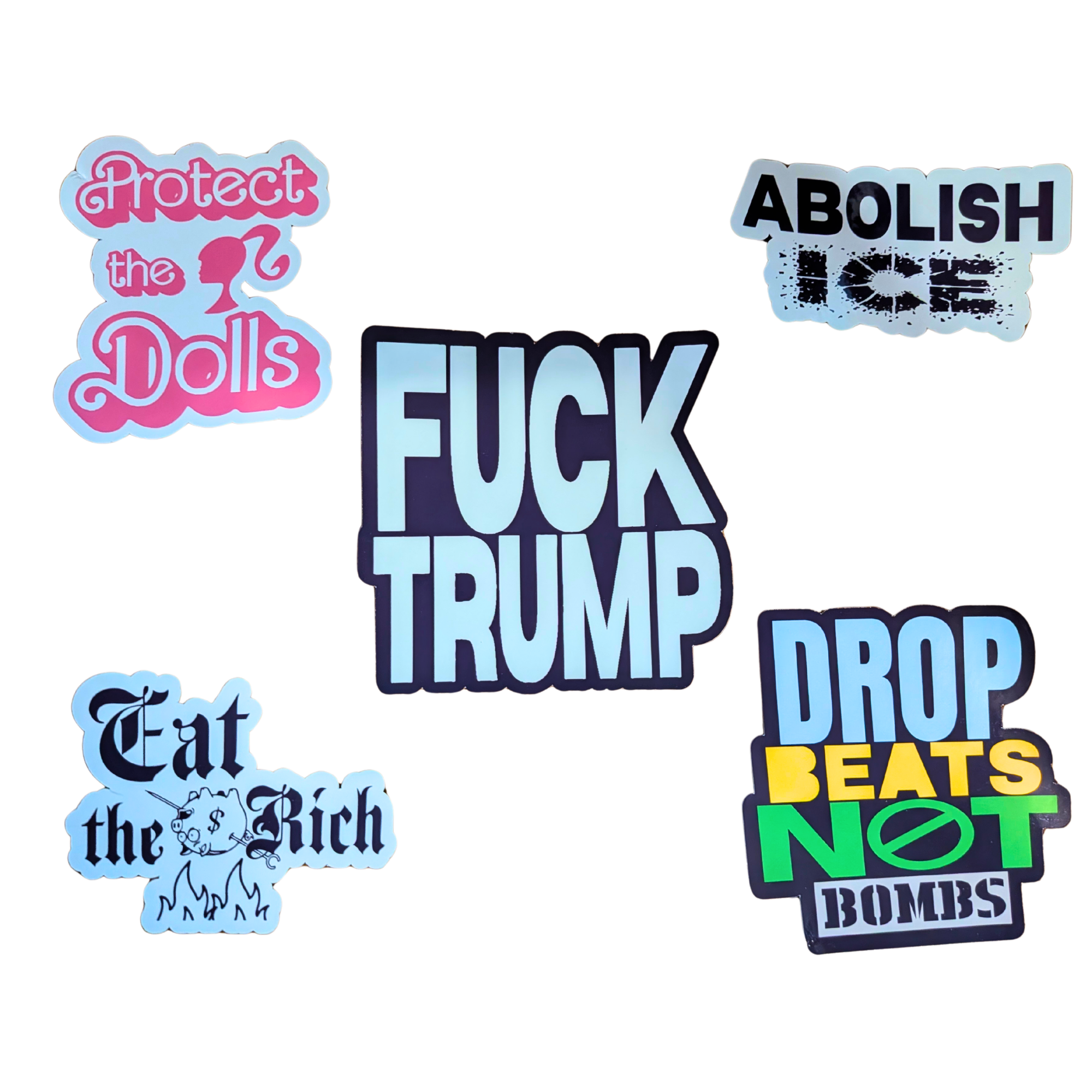 Collection of politically themed stickers on a white background