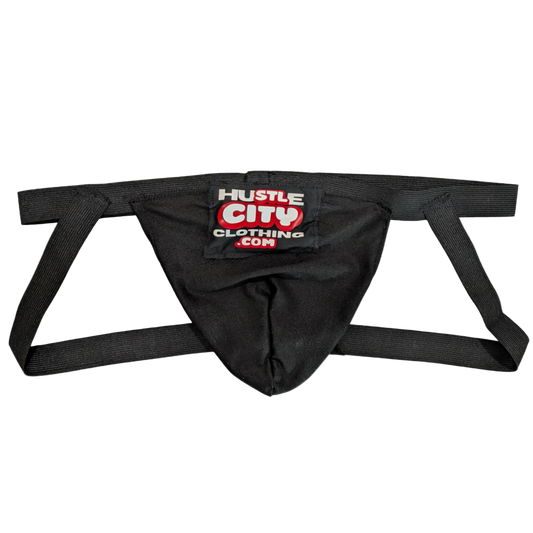 Black athletic harness with 'Hustle City Clothing.com' logo on a white background