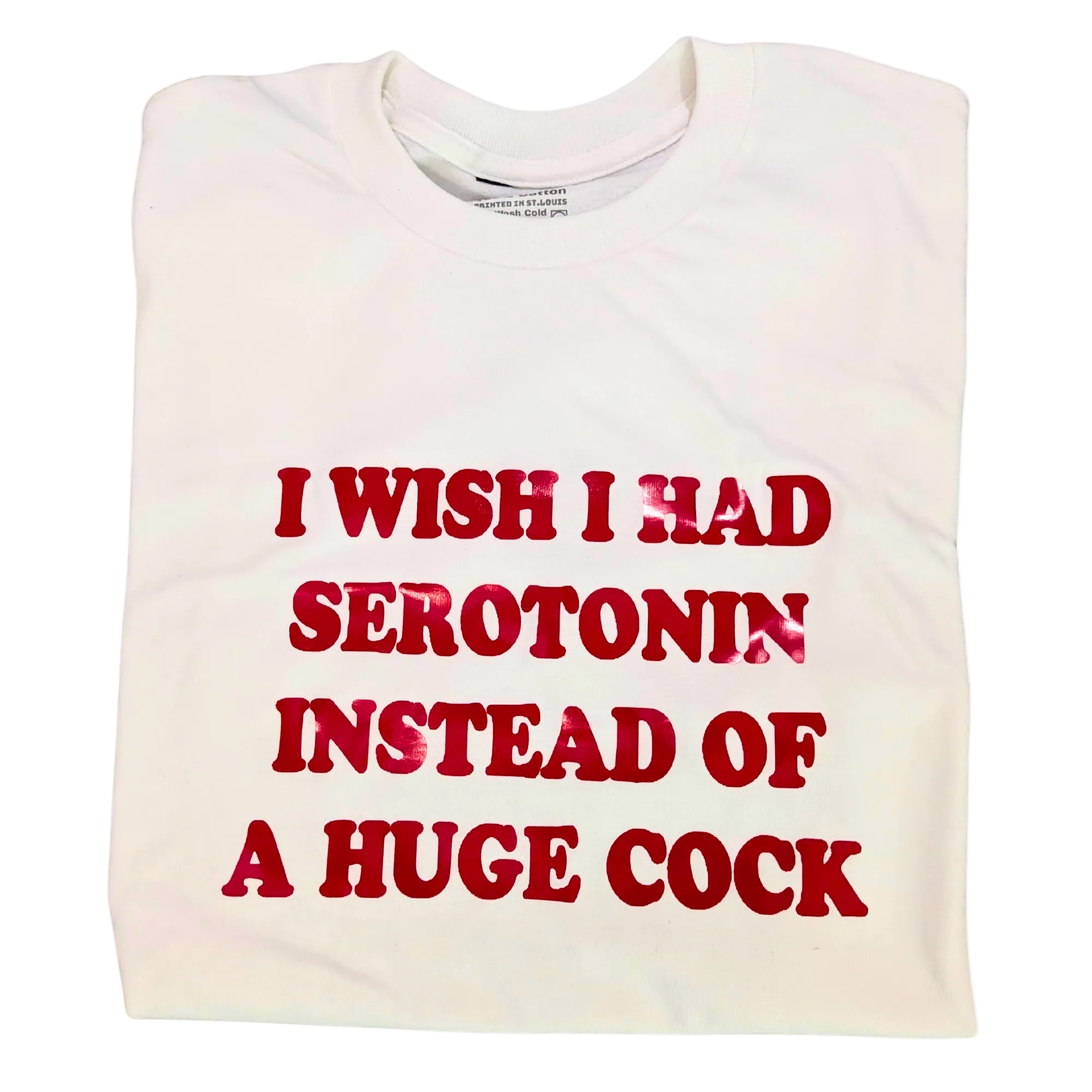 White t-shirt with red text on a white background