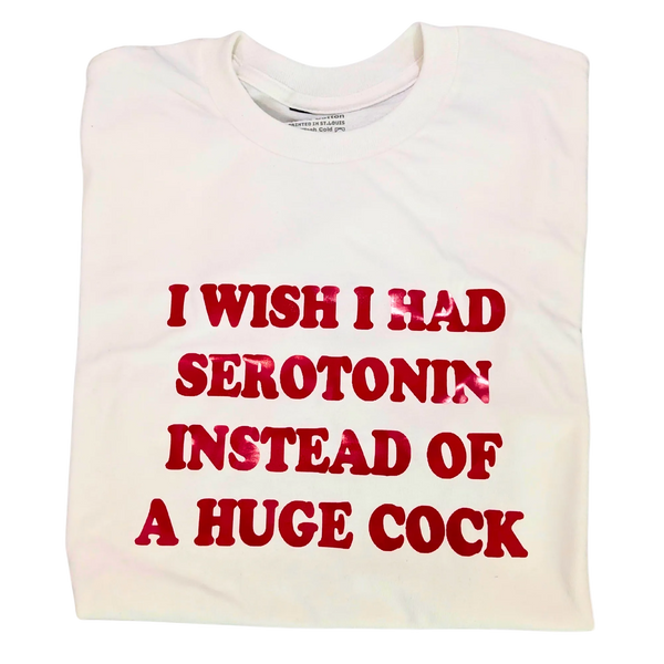 White t-shirt with red text on a white background