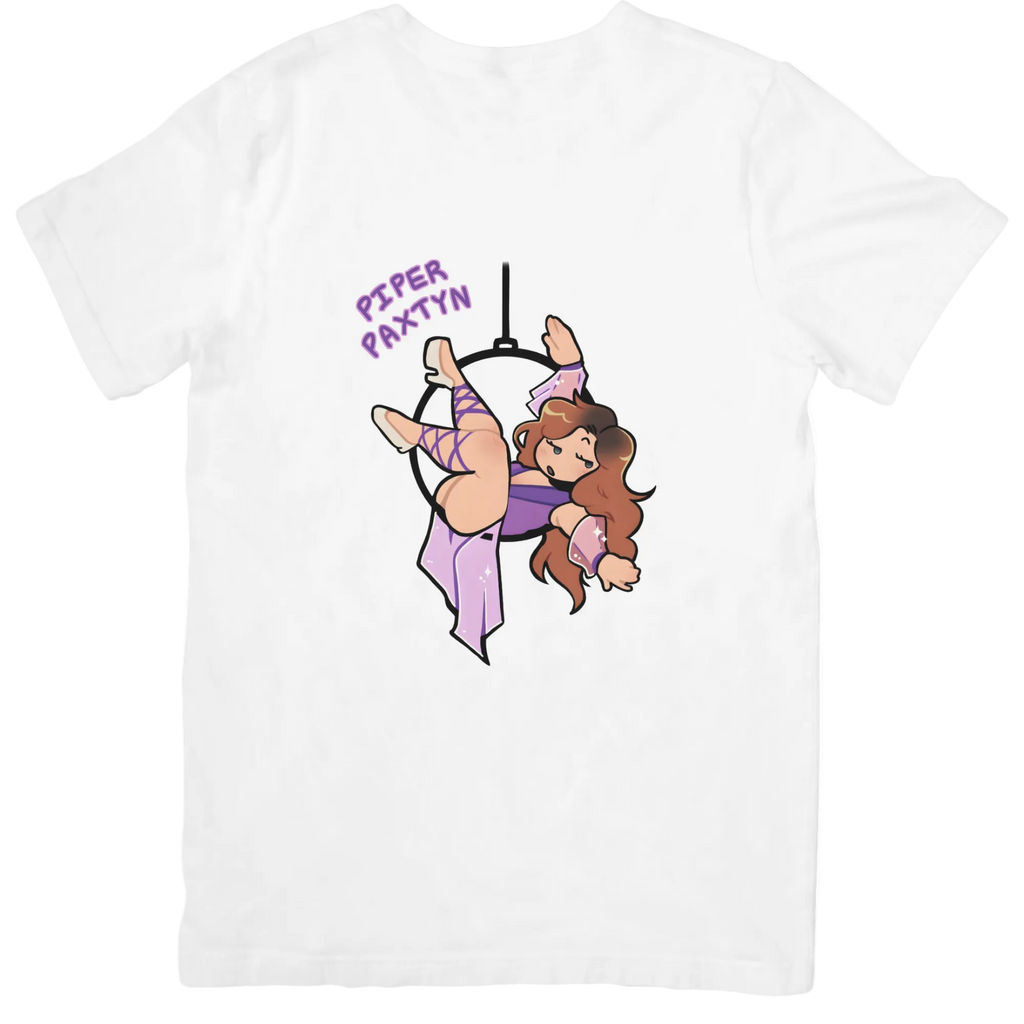 White t-shirt with a graphic of a girl on a trapeze and 'Piper Paxtyn' text.