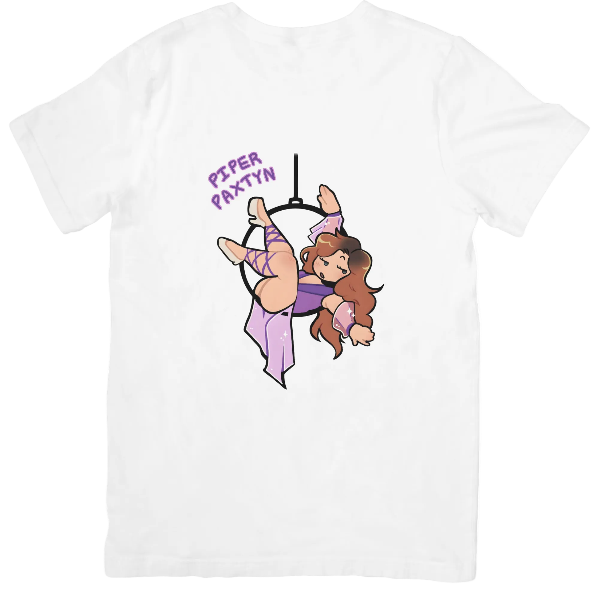White t-shirt with a graphic of a girl on a trapeze and 'Piper Paxtyn' text.