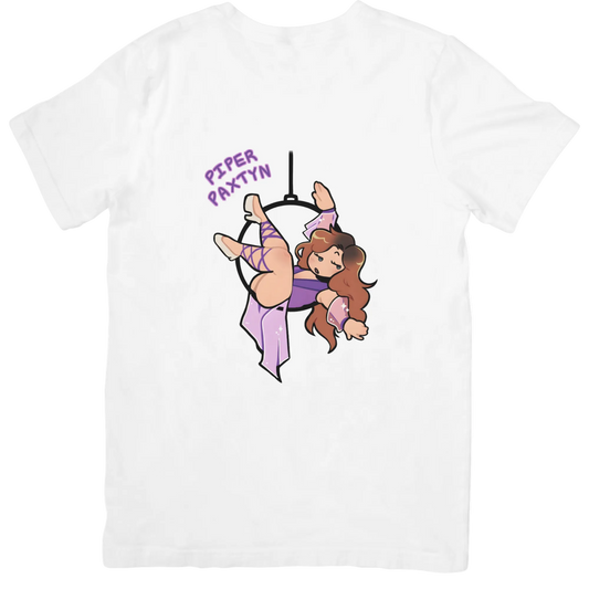 White t-shirt with a graphic of a girl on a trapeze and 'Piper Paxtyn' text.