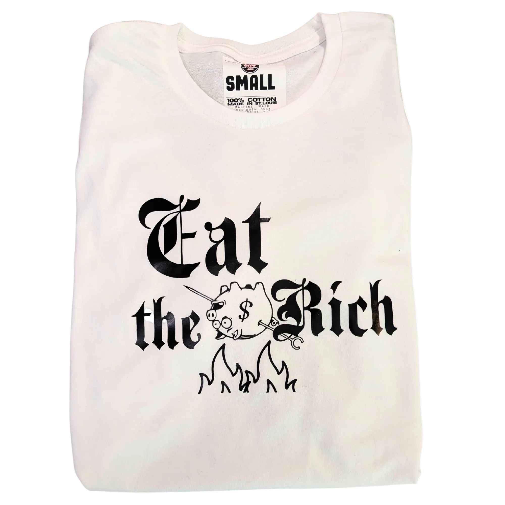 White t-shirt with 'Eat the Rich' text and graphic on a white background