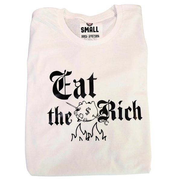 White t-shirt with 'Eat the Rich' text and graphic on a white background