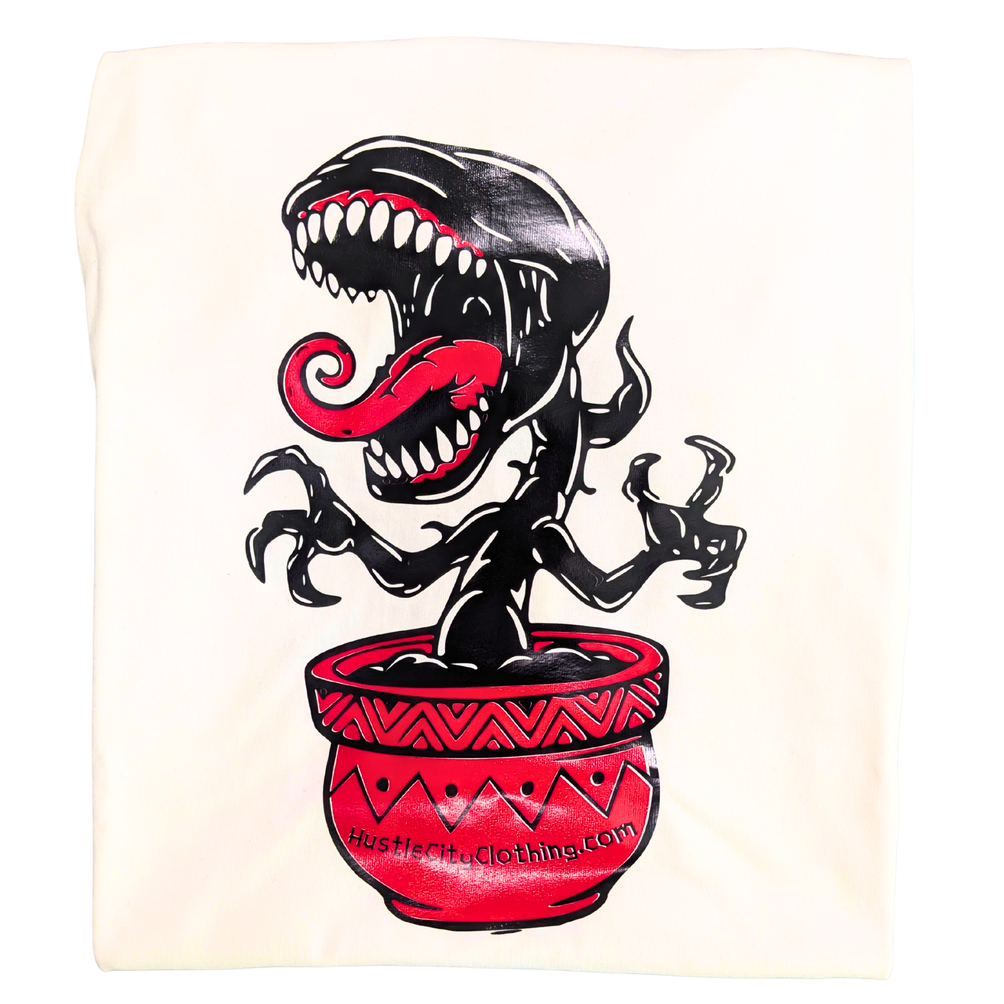 Tote bag with a black and red alien design on a white background