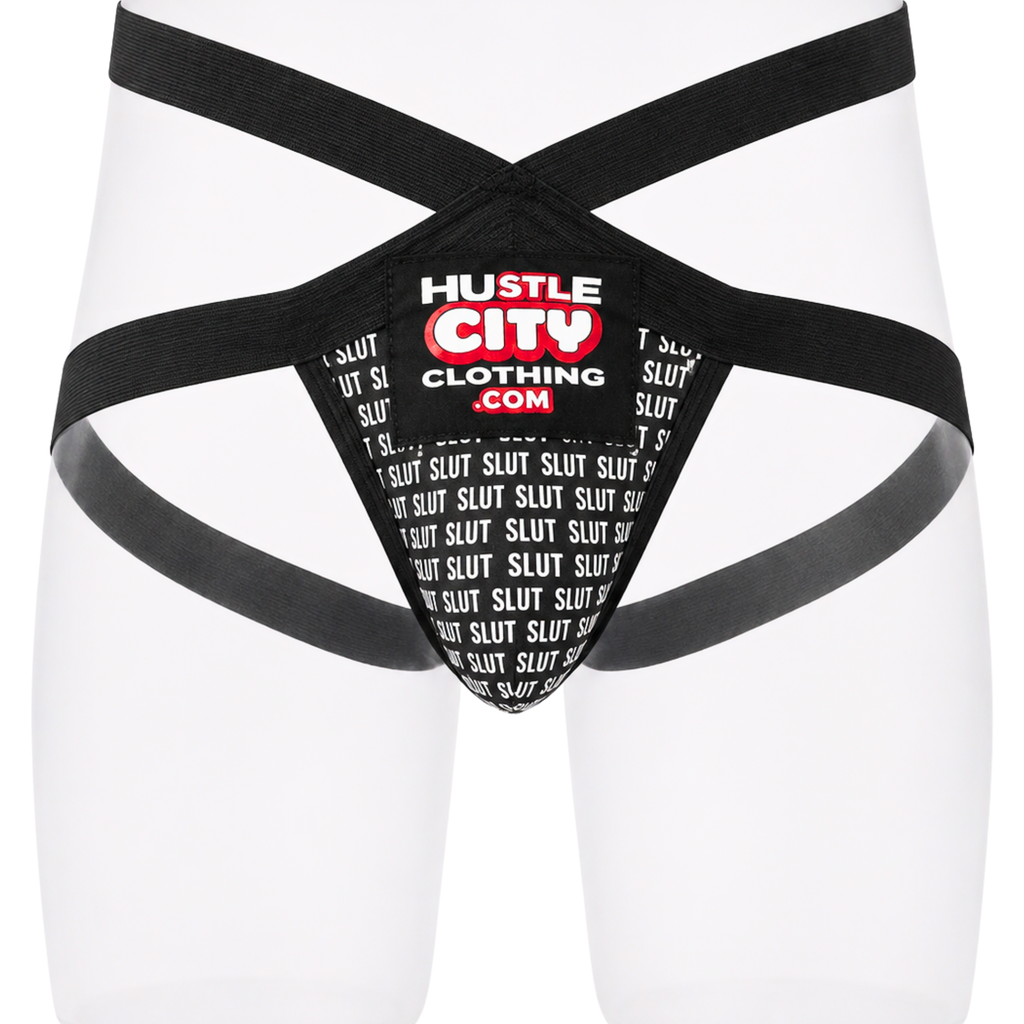 Black thong with 'Hustle City Clothing.com' branding on a white background