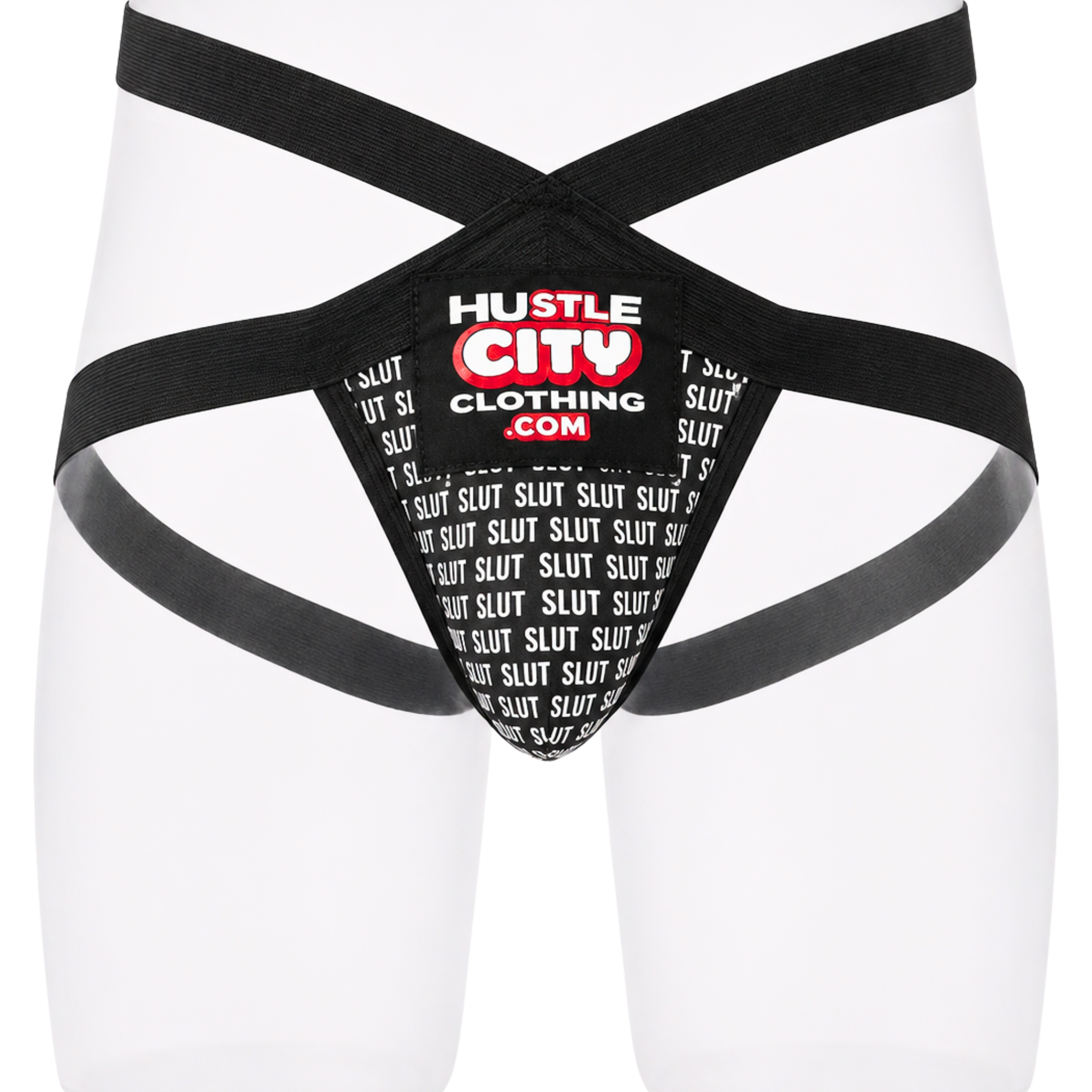 Black thong with 'Hustle City Clothing.com' branding on a white background