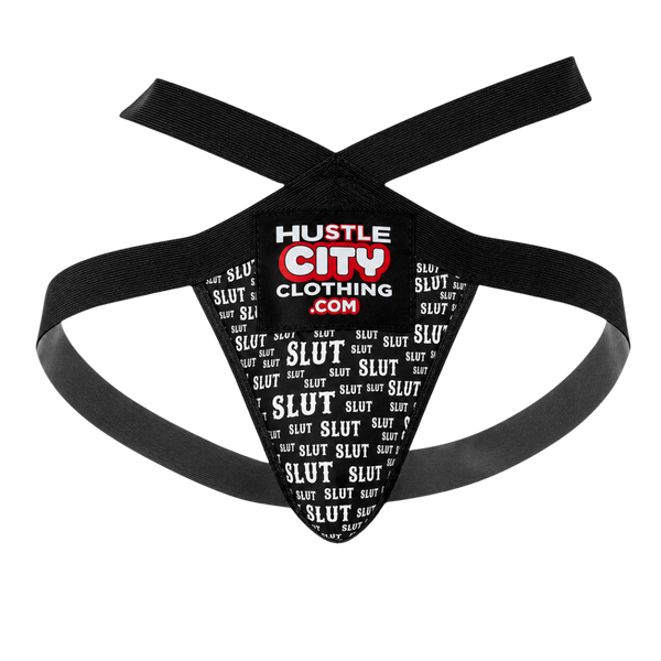 Black men's underwear with 'Hustle City Clothing' branding on a white background