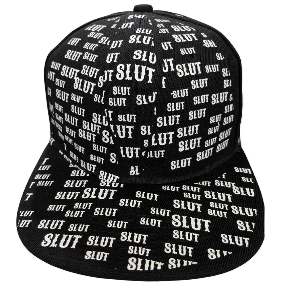 Black cap with 'SLUT' text pattern on a white background