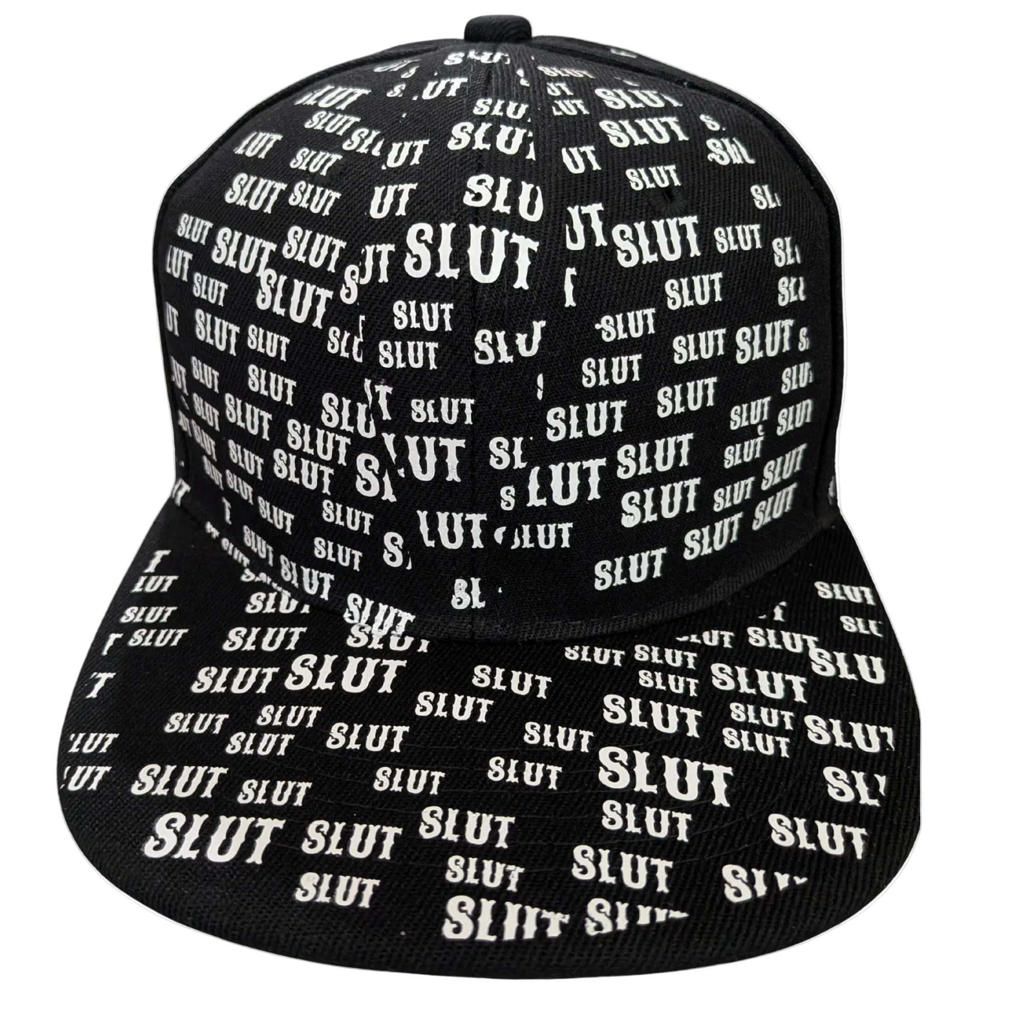 Black cap with 'SLUT' text pattern on a white background