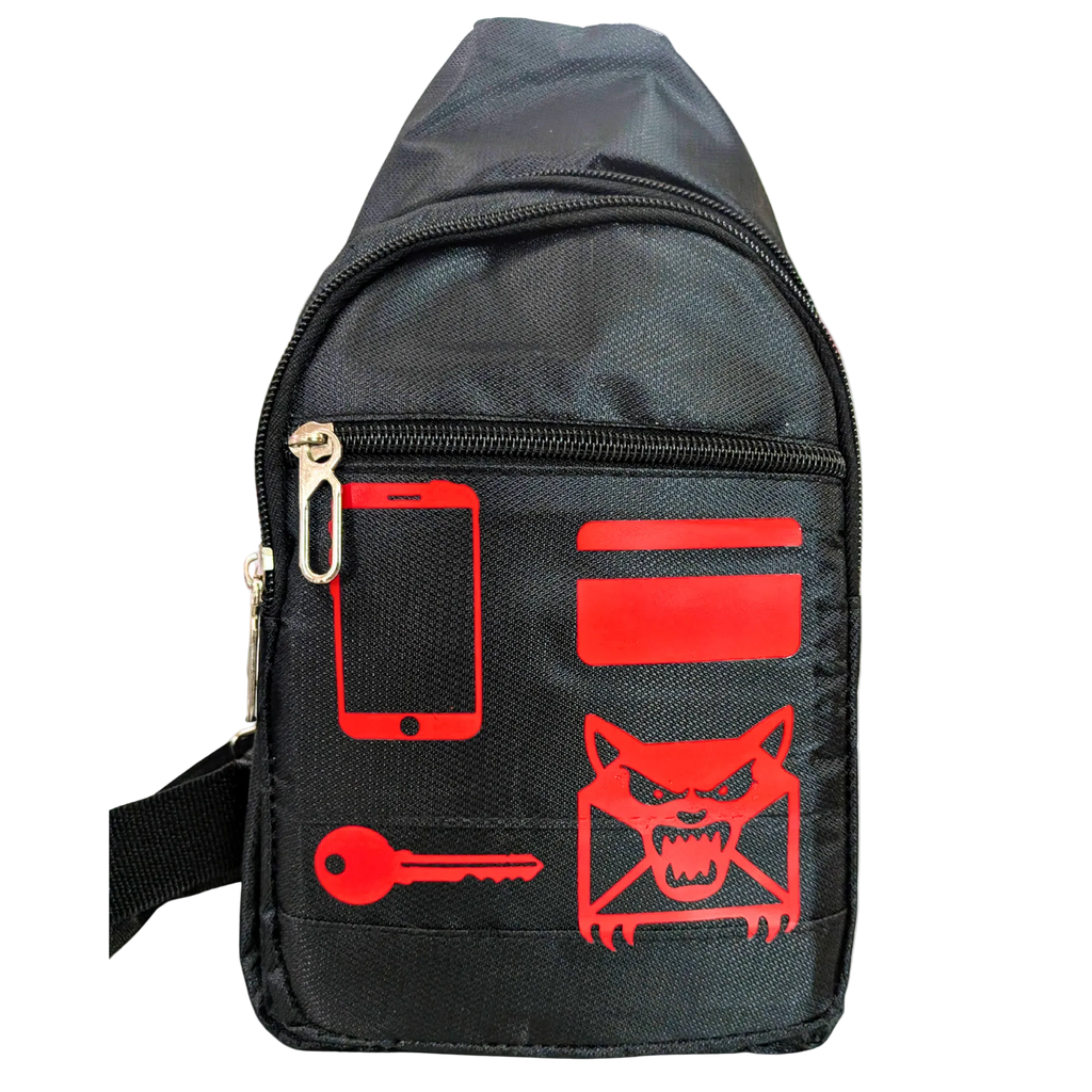 Black sling bag with red graphics on a white background
