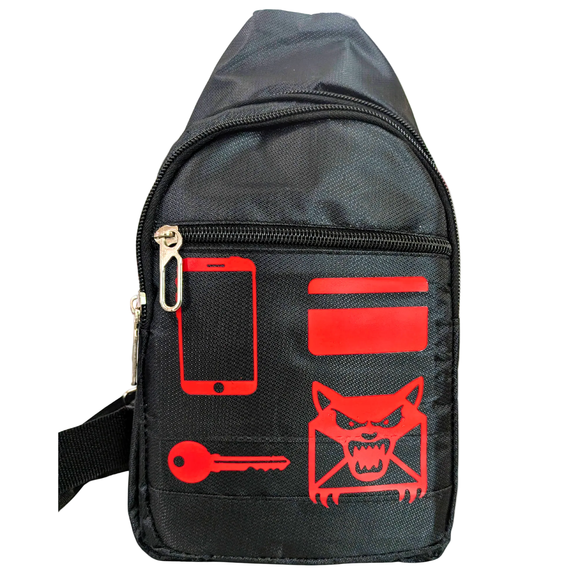 Black sling bag with red graphics on a white background