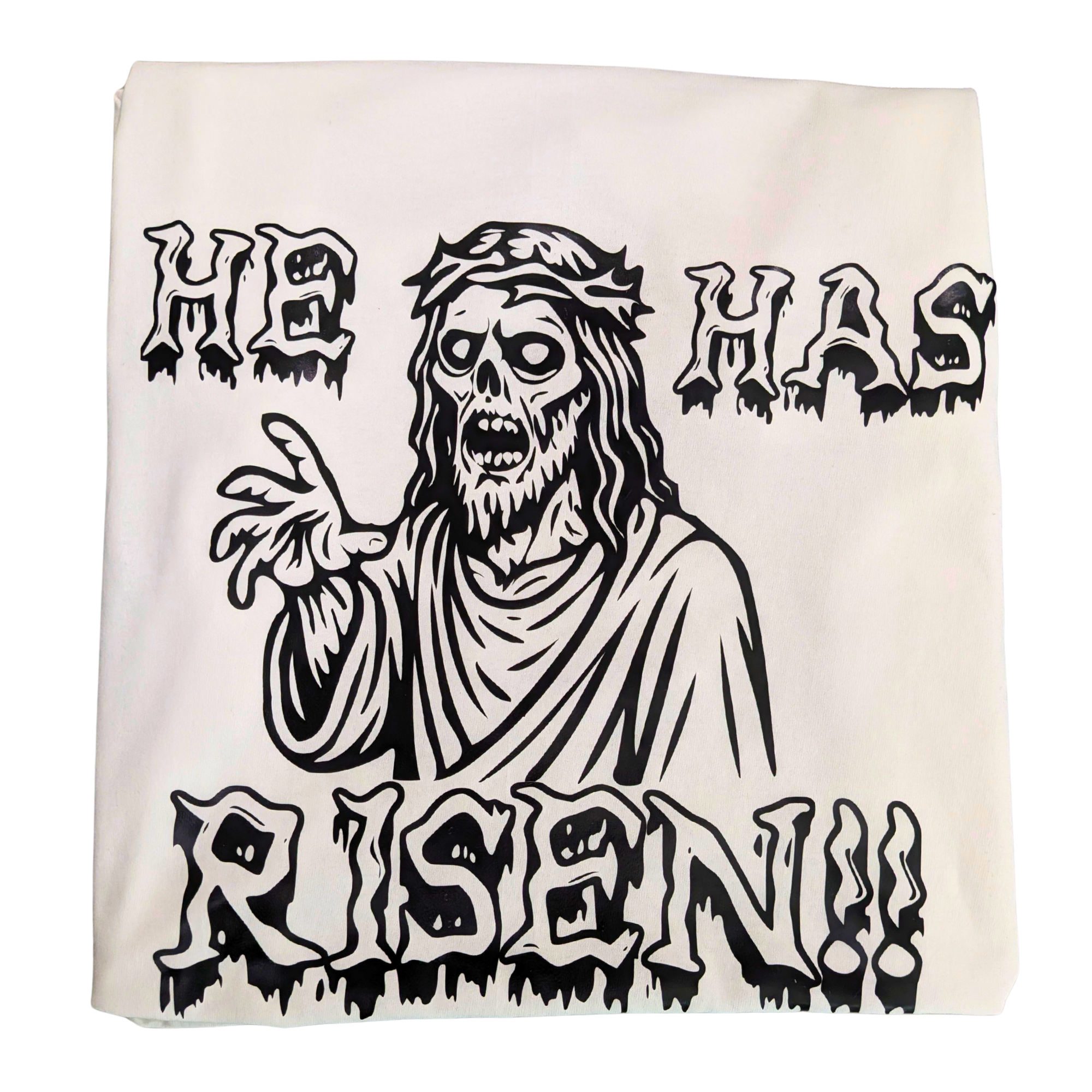 White t-shirt with a black and white graphic of a resurrected Jesus基督 and 'He Has Risen!!' text.