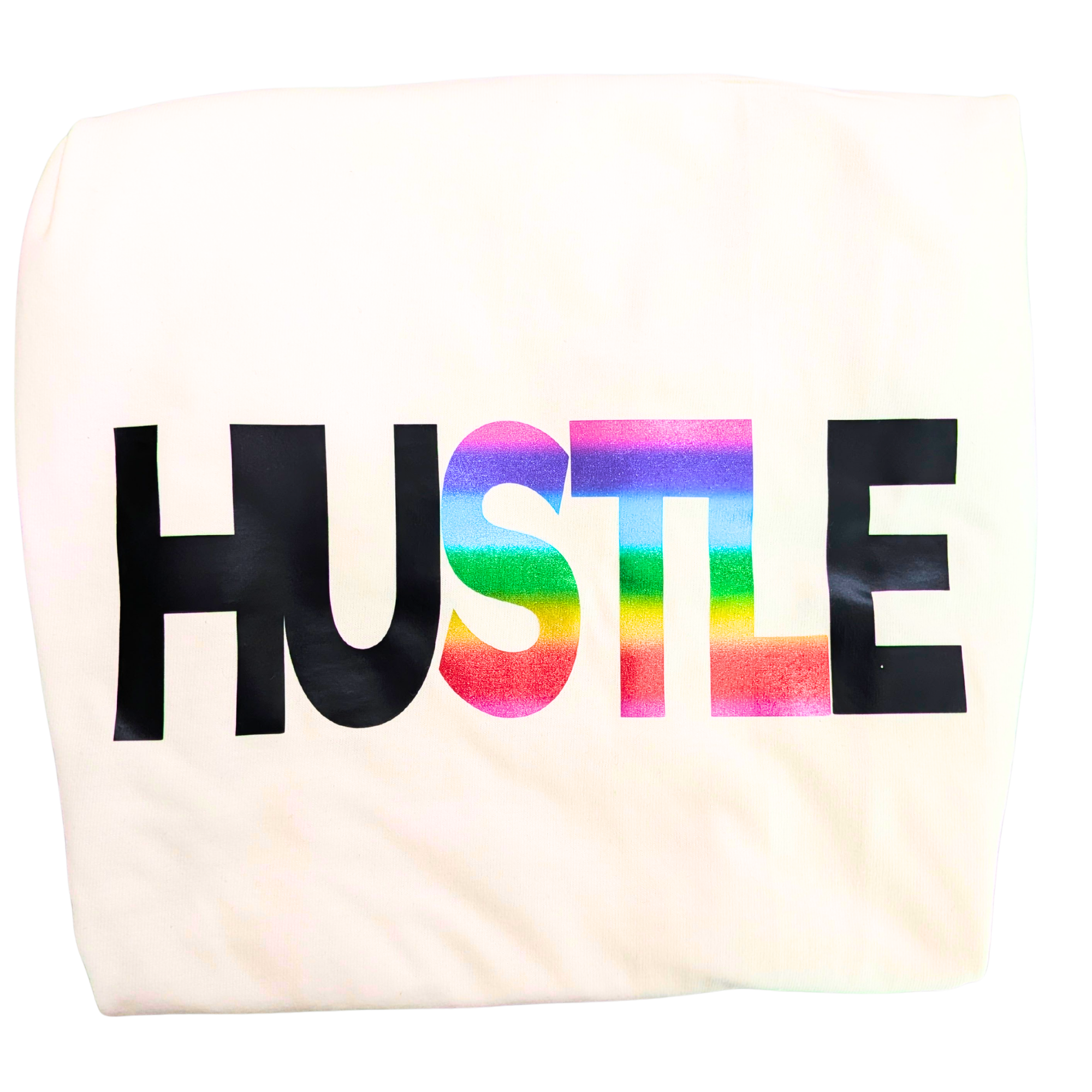 Tote bag with 'HUSTLE' printed in rainbow letters on a white background