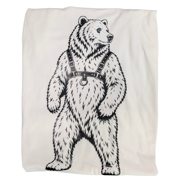 a white t-shirt featuring a black and white graphic illustration of a standing bear wearing a harness, shown against a plain white background.