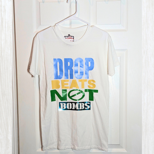 Drop Beats Not Bombs graphic T-shirt sample sale alternate view.