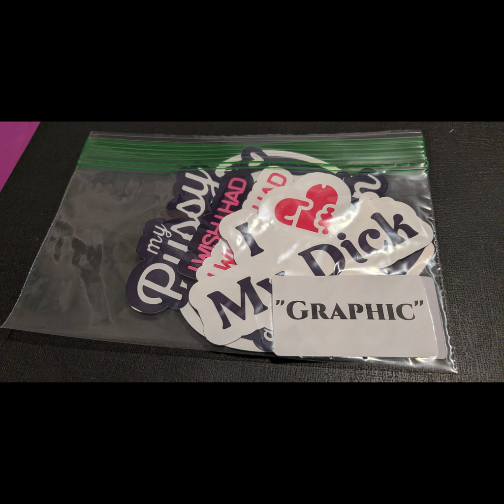 Collection of graphic stickers in a clear bag with a 'GRAPHIC' label.