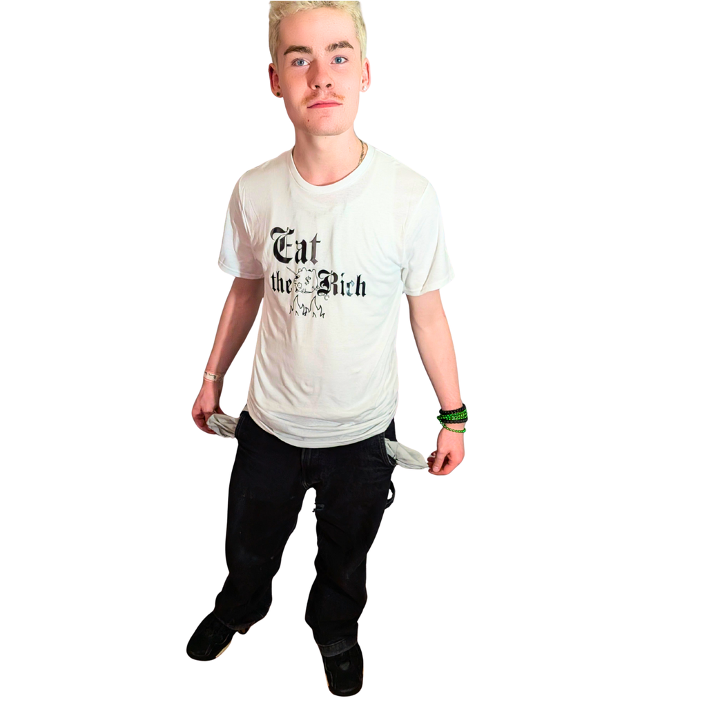 Person wearing a white t-shirt with text and black pants on a white background