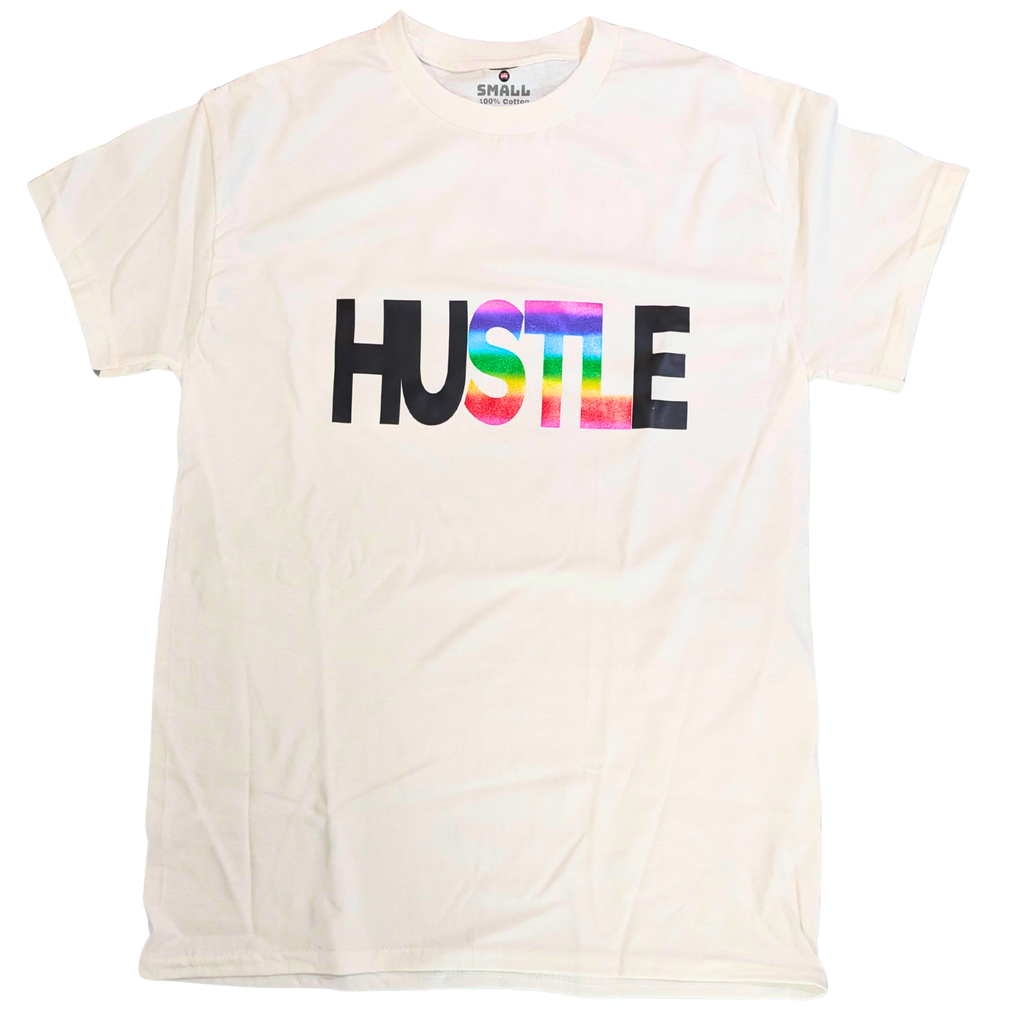 Beige t-shirt with 'HUSTLE' in colorful letters on a white background