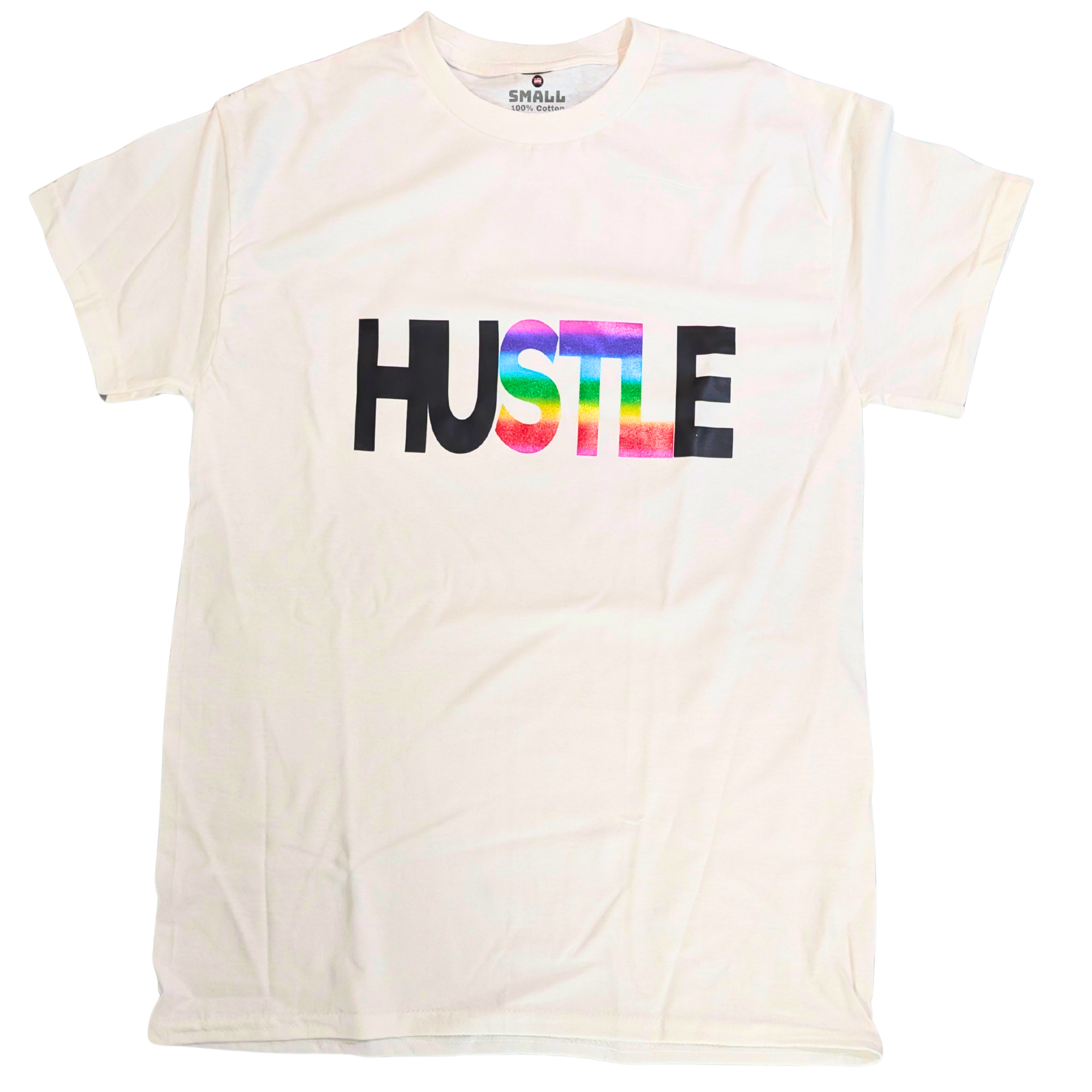 Beige t-shirt with 'HUSTLE' in colorful letters on a white background