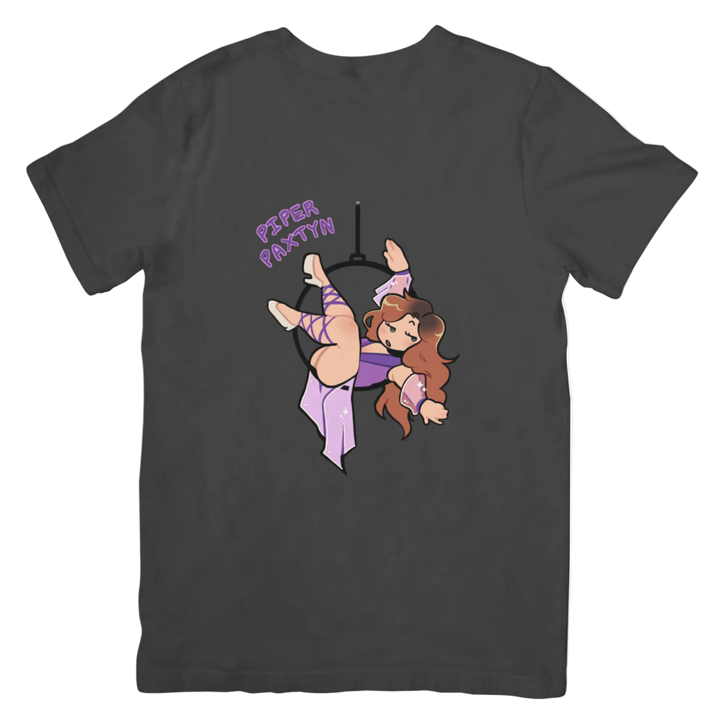 Black t-shirt with cartoon character and text on a white background