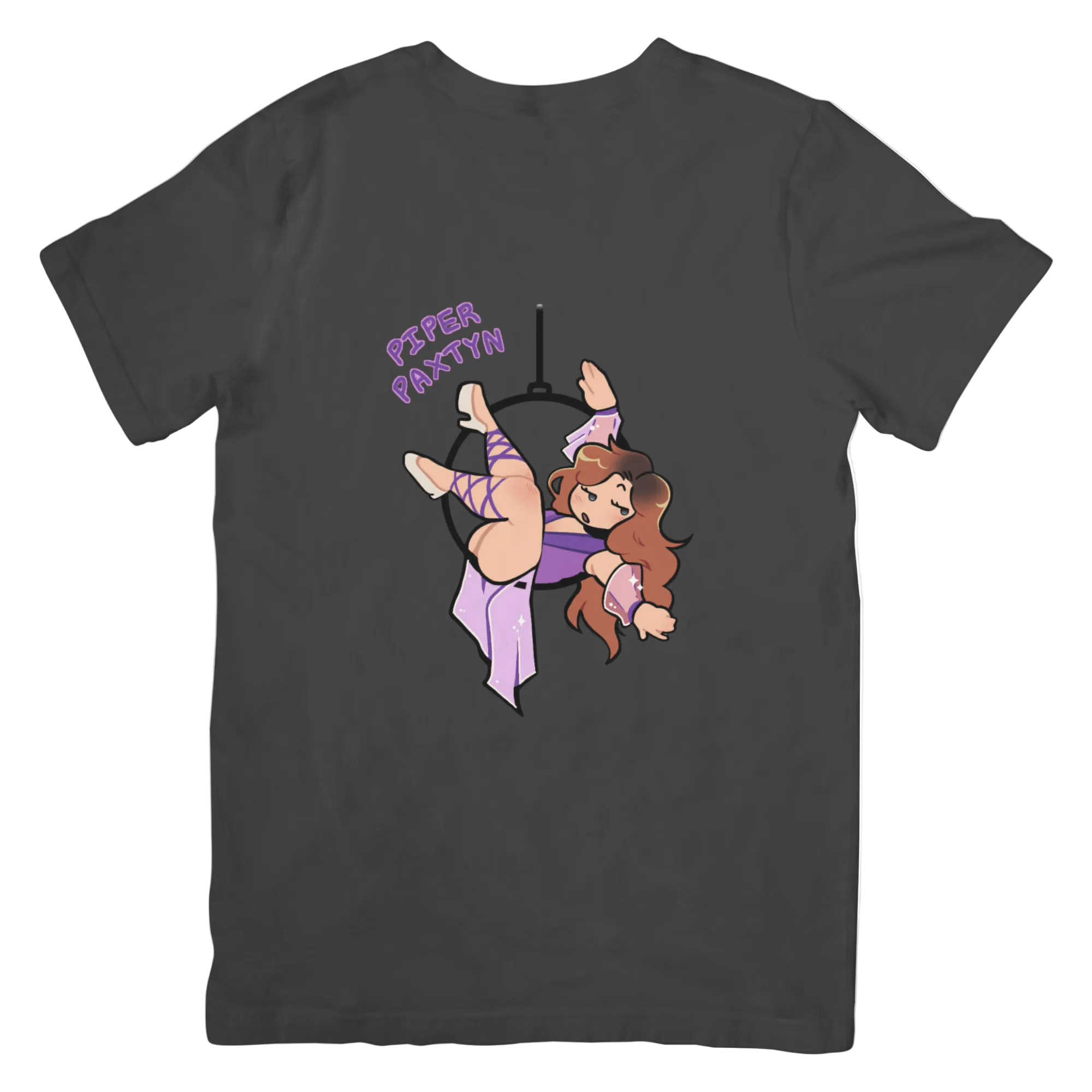 Black t-shirt with cartoon character and text on a white background
