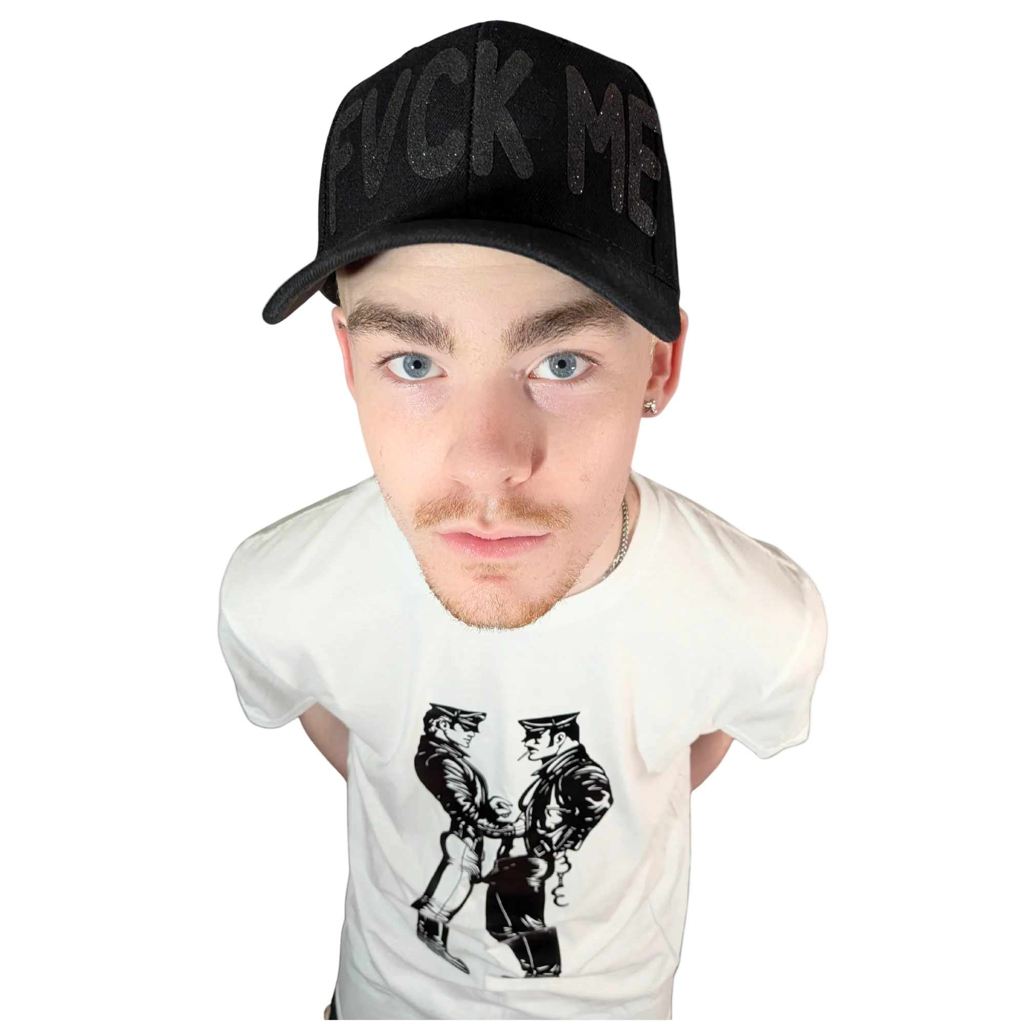Person wearing a white t-shirt with graphic design and a black cap with text on a white background