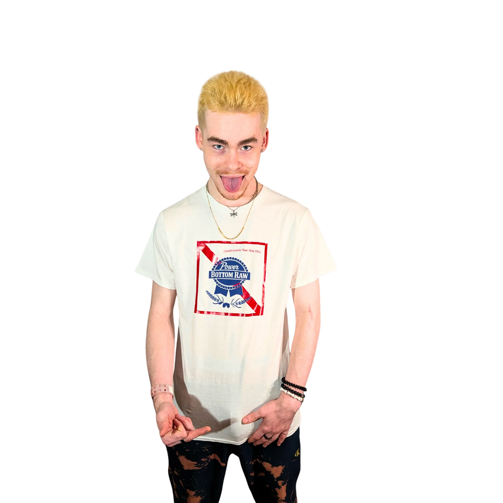 Person wearing a white t-shirt with a graphic design on a white background