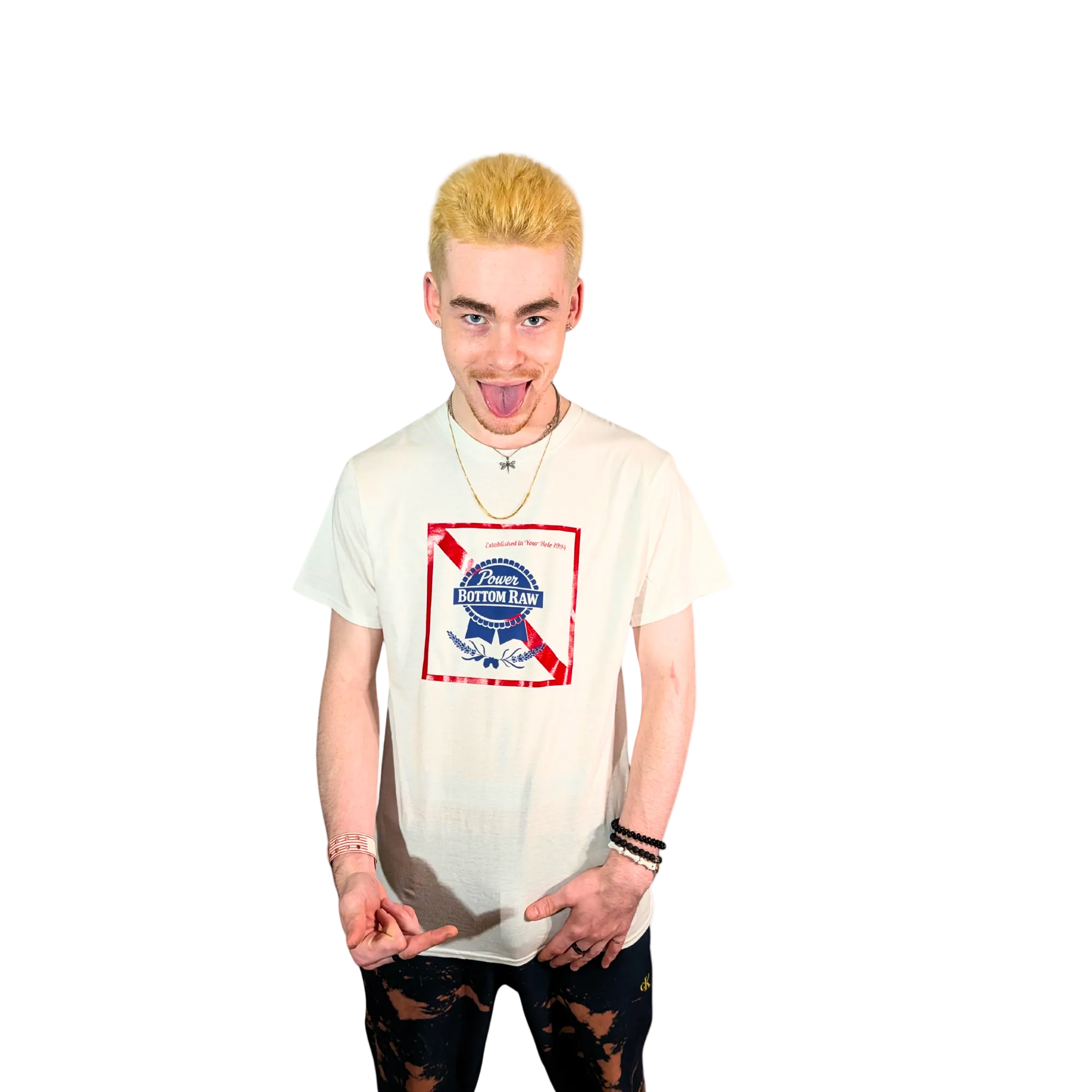 Person wearing a white t-shirt with a graphic design on a white background