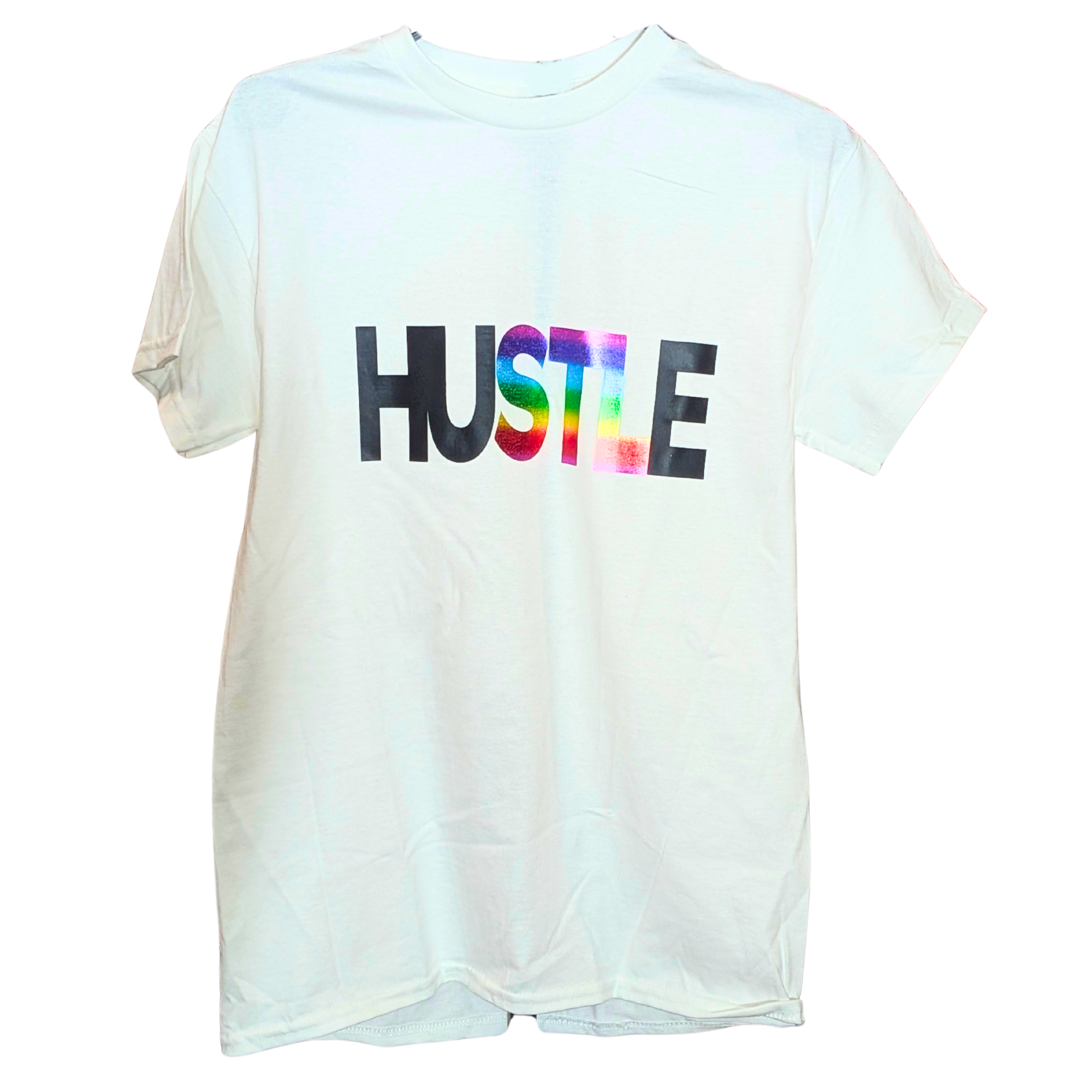 White t-shirt with 'HUSTLE' in colorful letters on a white background