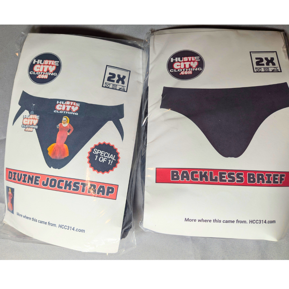Two packages of Hustle City Clothing backless briefs on a gray background