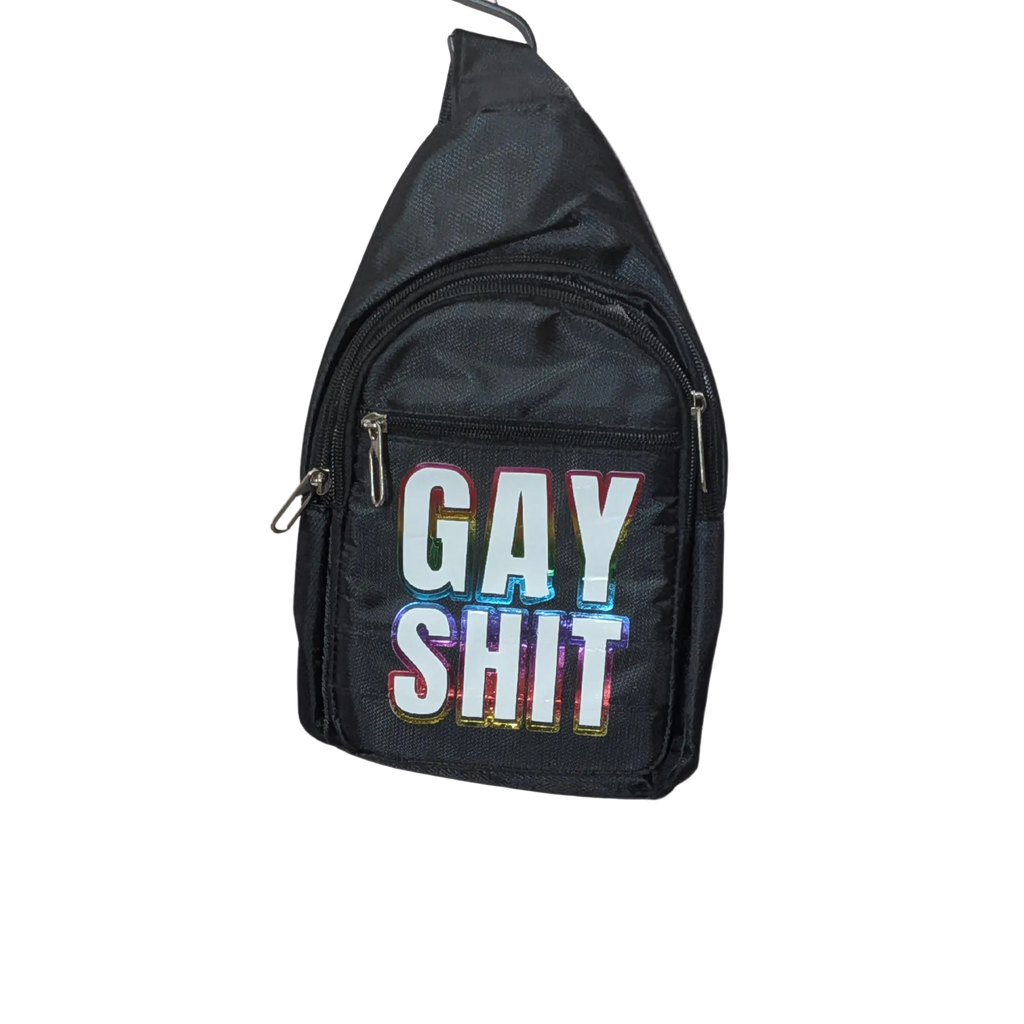 Black sling bag with colorful text on a white background