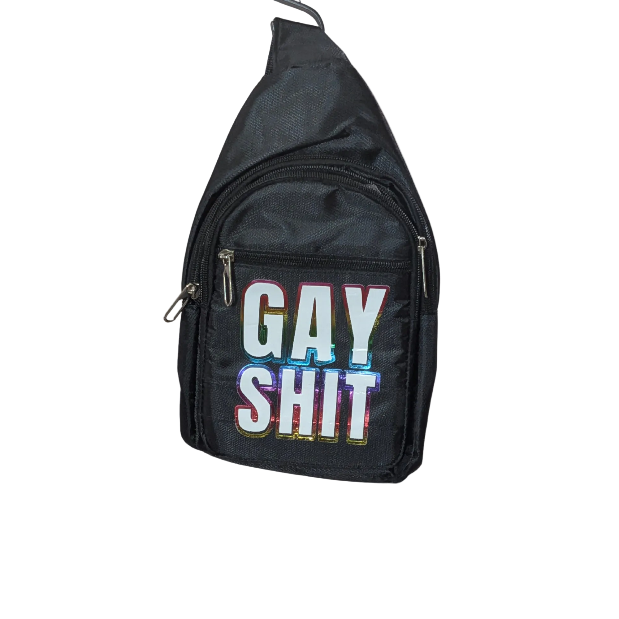 Black sling bag with colorful text on a white background