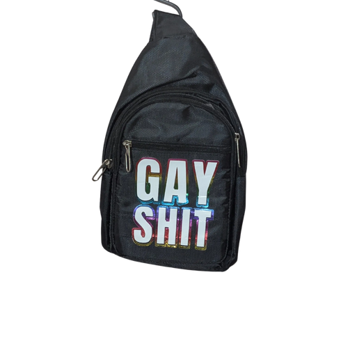 Black sling bag with colorful text on a white background