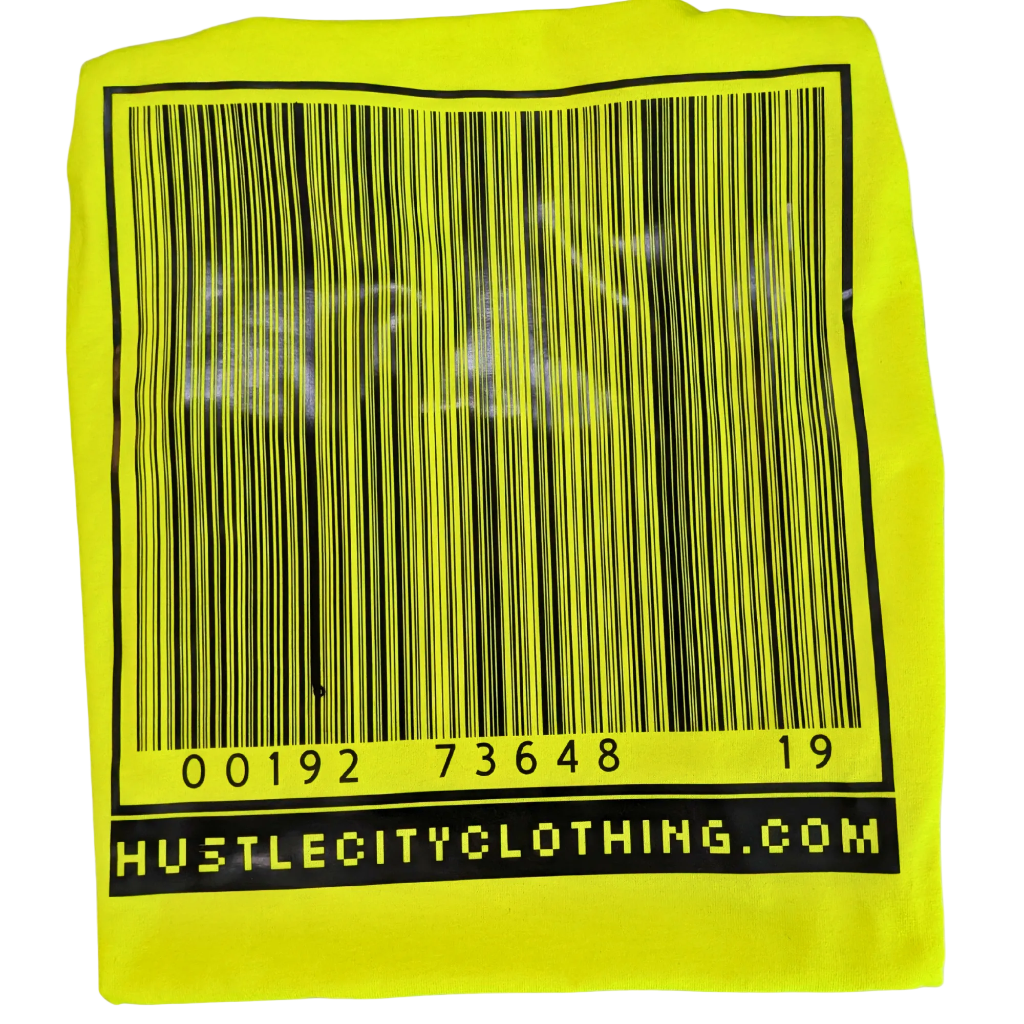 Yellow towel with a barcode and 'Hustle City Clothing.com' text on a white background