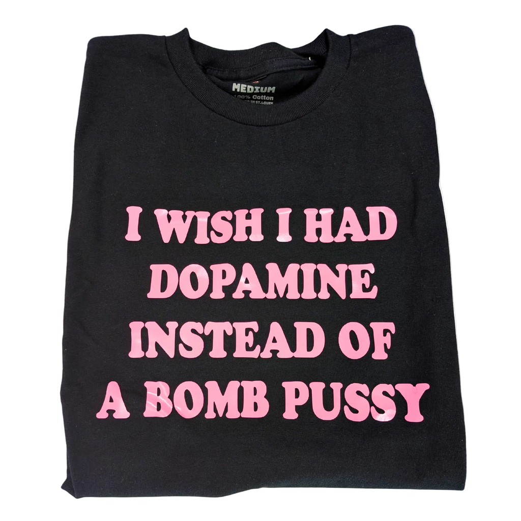 Black t-shirt with pink text on a white background