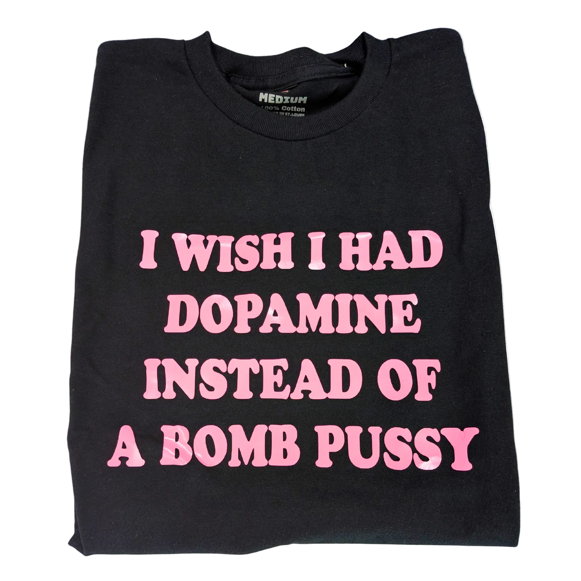 Black t-shirt with pink text on a white background